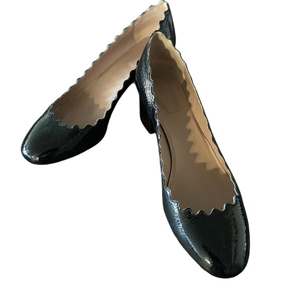 Chloe Lauren Black Patent Shiny Leather Scalloped Trim Block Heel Pumps Size 38 - Picture 3 of 13
